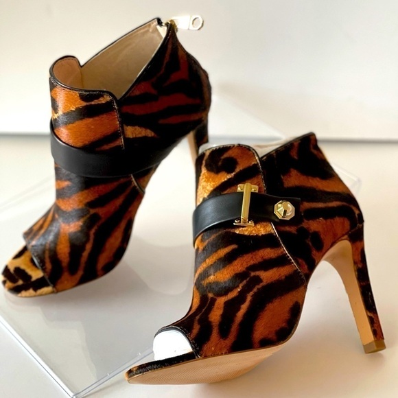 Women's Leopard Fur Ankle Bootie Stiletto Platform Pumps Heels Open Toe, Sz 6.5M - Picture 7 of 10